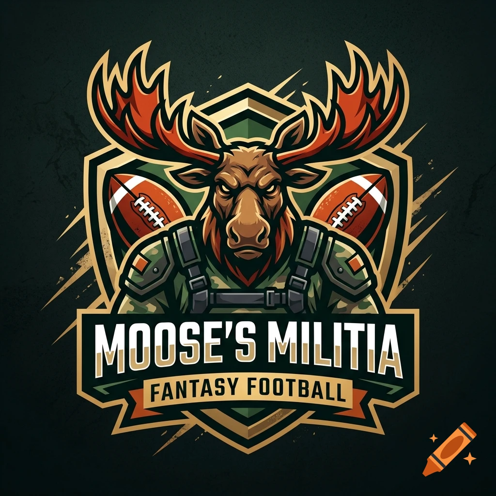 Fantasy football logo featuring an angry moose in military camo holding two footballs, with the text Moose's Militia.