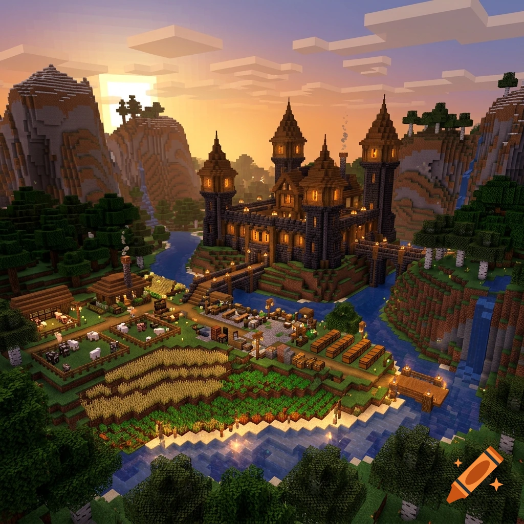 Detailed Minecraft castle and village scene at sunset with mountains, river, and fields.