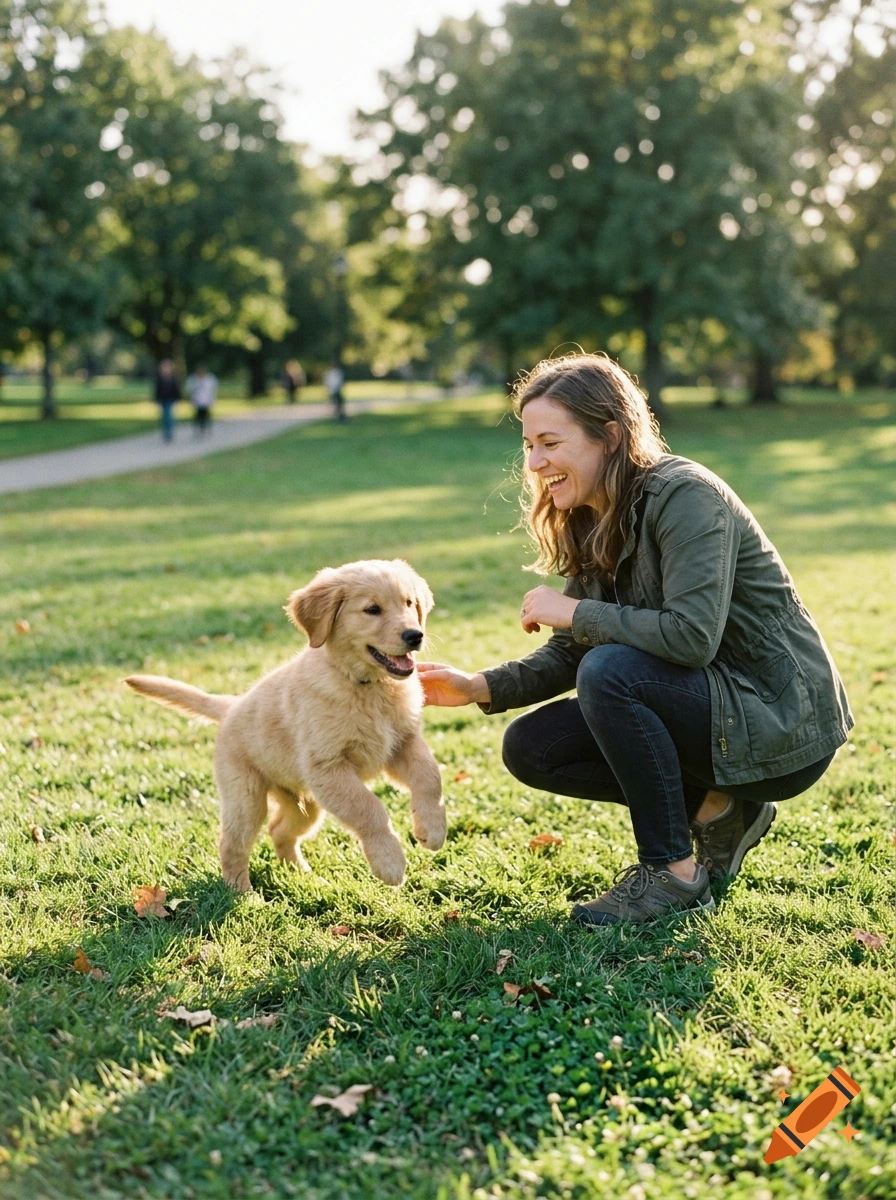Photorealistic image of a woman squatting and smiling as a small golden retriever puppy plays in the grass at a park.