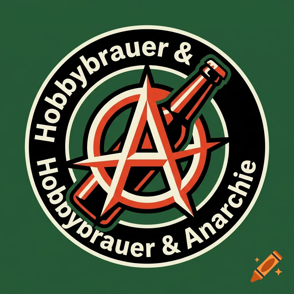 A circular logo featuring an orange beer bottle, an anarchy symbol, and the German text "Hobbybrauer & Anarchie".