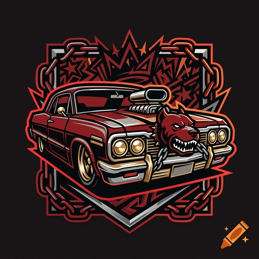 A stylized illustration of a red vintage muscle car with a growling Doberman dog head attached to the front grill, surrounded by chains and abstract designs against a dark background.