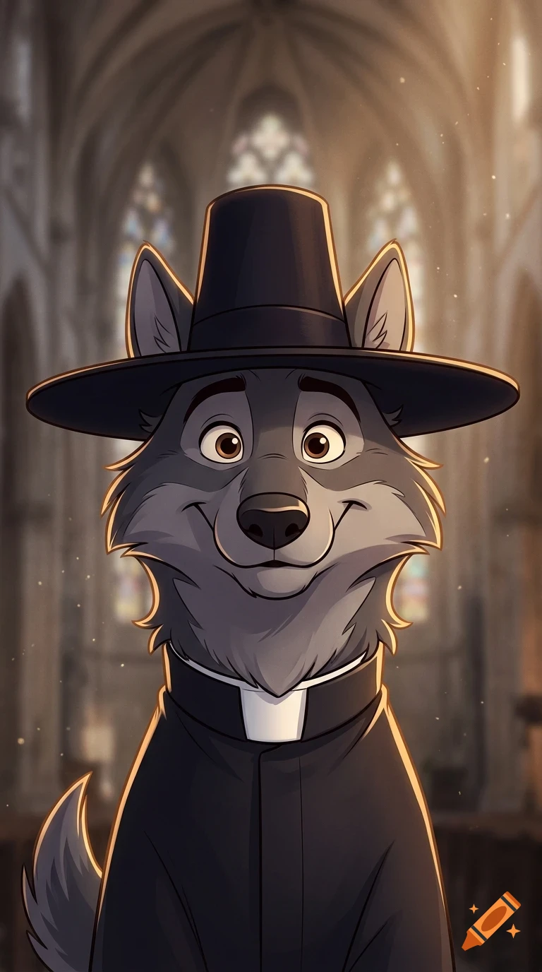 An anthropomorphic grey wolf dressed as a priest wearing a clerical collar and black hat, smiling in front of a church interior.