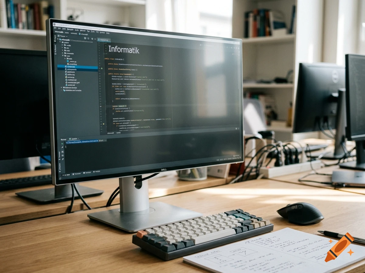 Photorealistic workspace with a computer monitor displaying code, keyboard, and notes on a wooden desk.