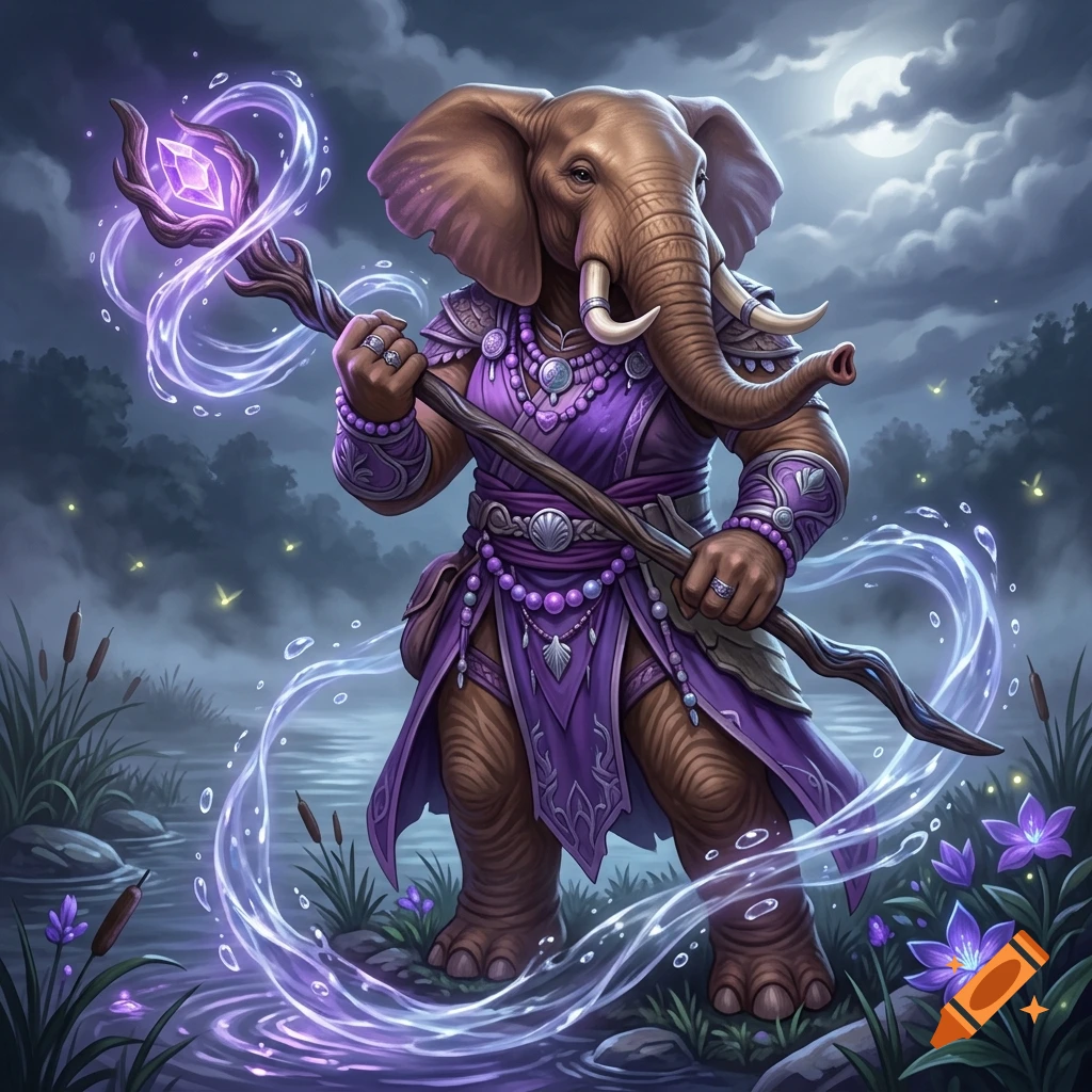 A digital painting of a female loxodon water druid with brown skin, medium tusks, and purple robes, holding a magical wooden quarterstaff with a glowing crystal.