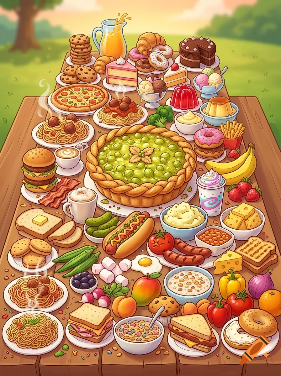 An illustration of a wooden picnic table heavily laden with an enormous variety of food and drinks, including pasta, pizza, pies, cakes, burgers, sandwiches, fruits, and beverages.