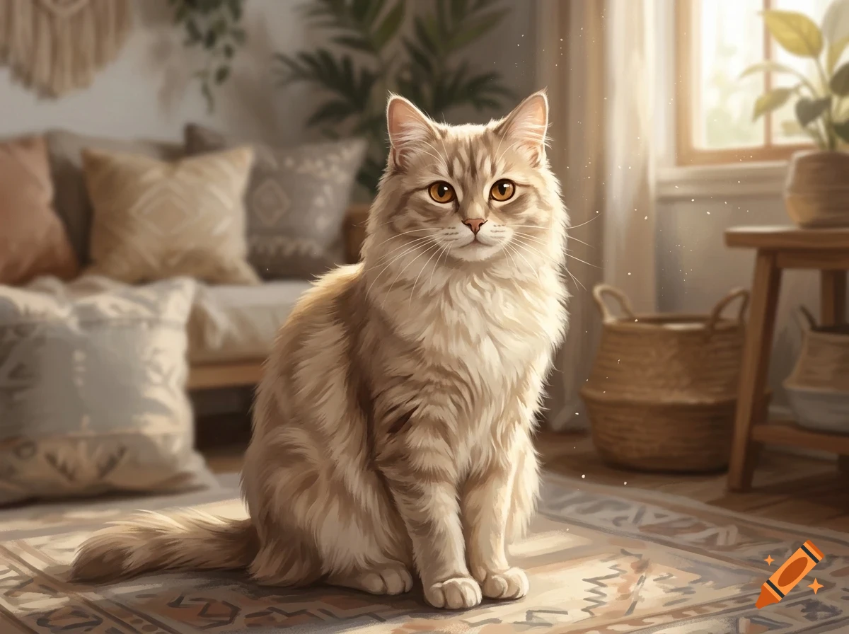 A fluffy, light-orange tabby cat sitting on a patterned rug in a sunlit living room.