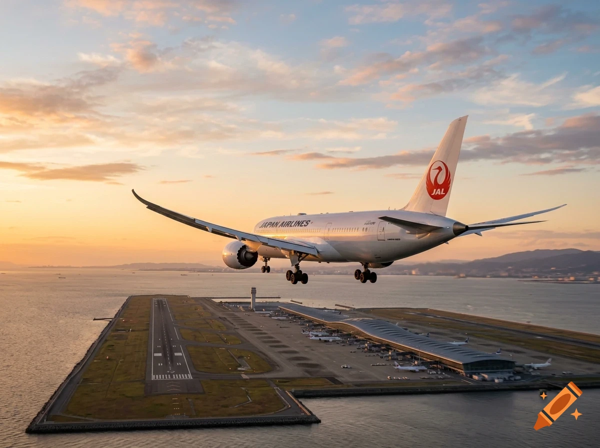 An airplane approaching the runway for landing over water at sunset.
