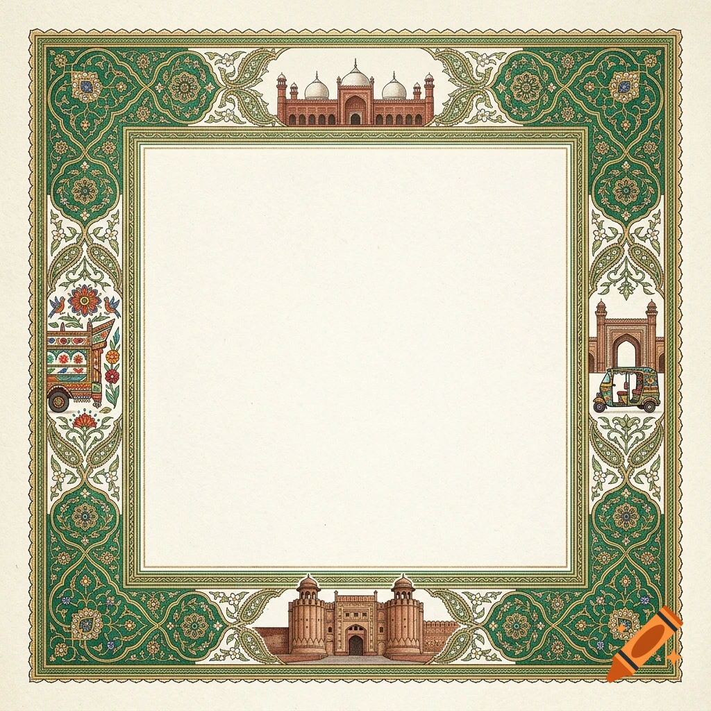 An ornate decorative frame featuring traditional Pakistani architecture, truck art motifs, and intricate green floral patterns surrounding a blank central space.