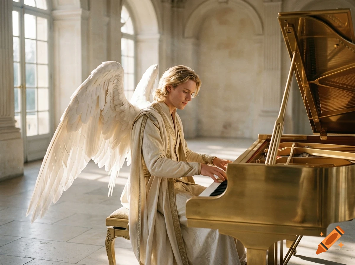 An angel with large white wings plays a gold grand piano in a bright, ornate hall.