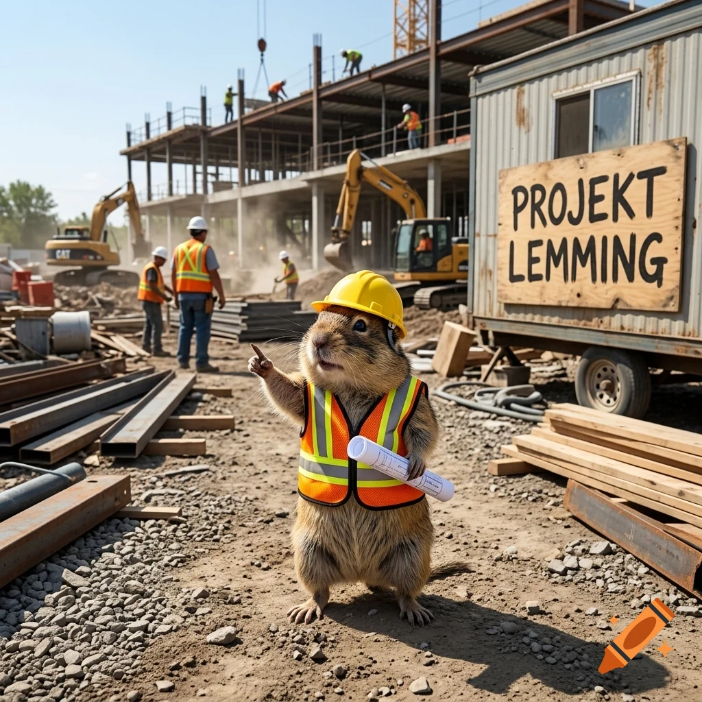 A cute groundhog wearing a hard hat and high-vis vest stands on a construction site, holding rolled-up blueprints and pointing forward, with human workers and heavy machinery in the background.