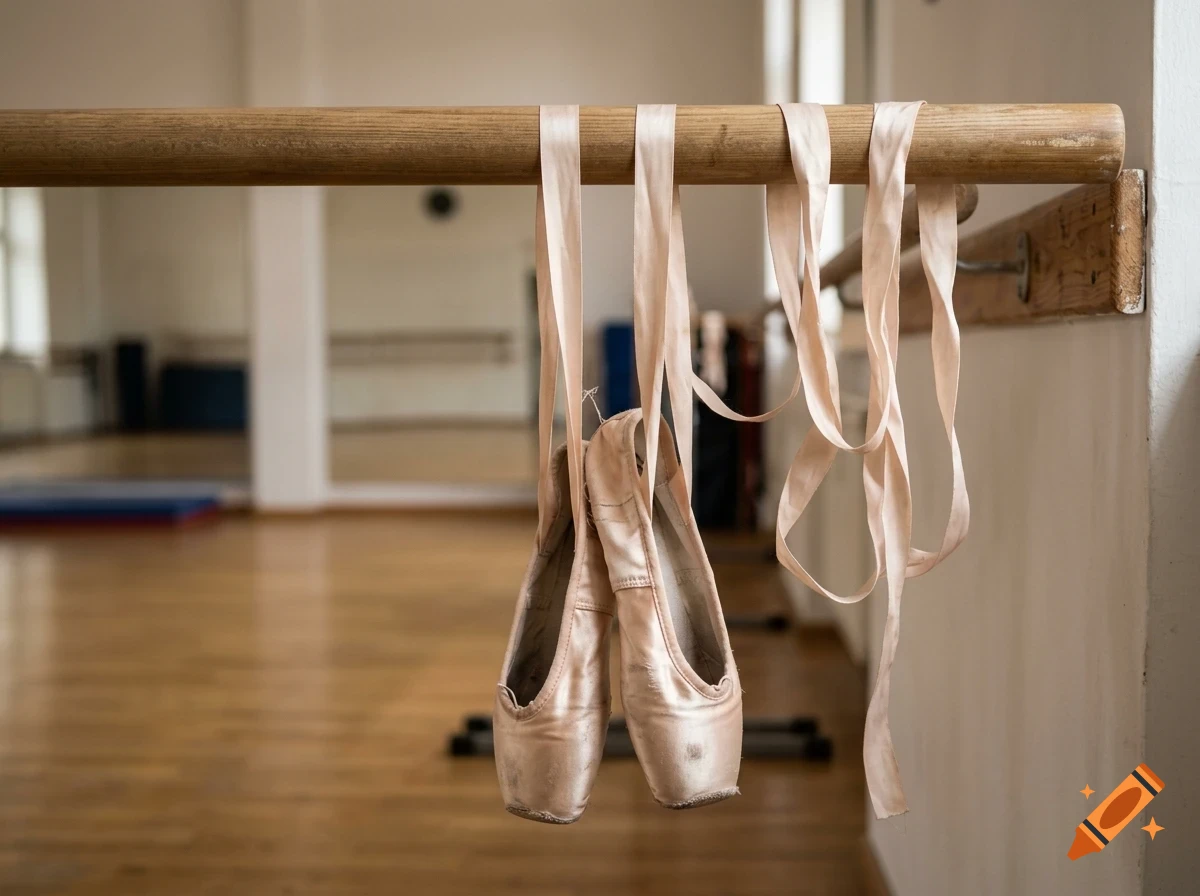 Pink pointe shoes hanging by their ribbons from a wooden ballet barre in a dance studio.