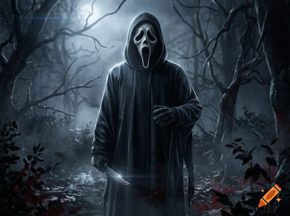 Ghostface character in a dark, foggy forest holding a knife, photorealistic horror style.