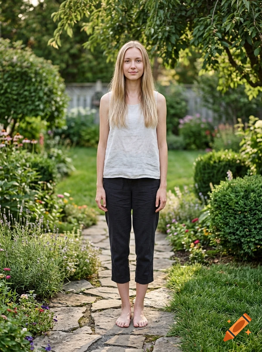 A full-length portrait of a blonde woman standing barefoot on a stone path in a garden.