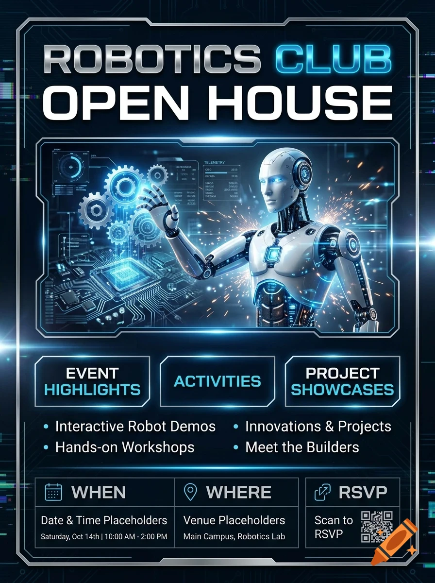 A futuristic poster for a robotics club open house featuring a robot interacting with digital interfaces, gear graphics, and placeholder text boxes.
