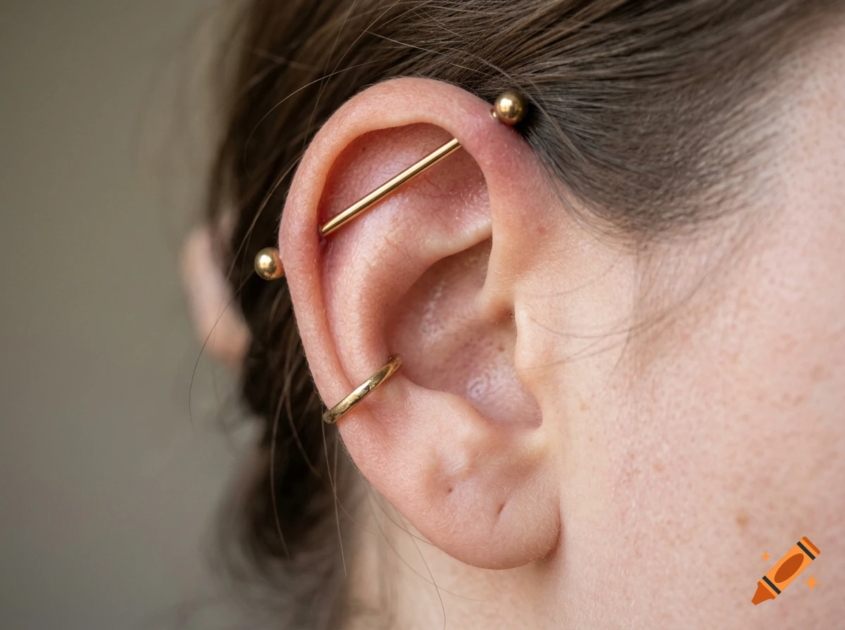Close-up photograph of a person's ear with a gold industrial barbell piercing and a gold hoop piercing.