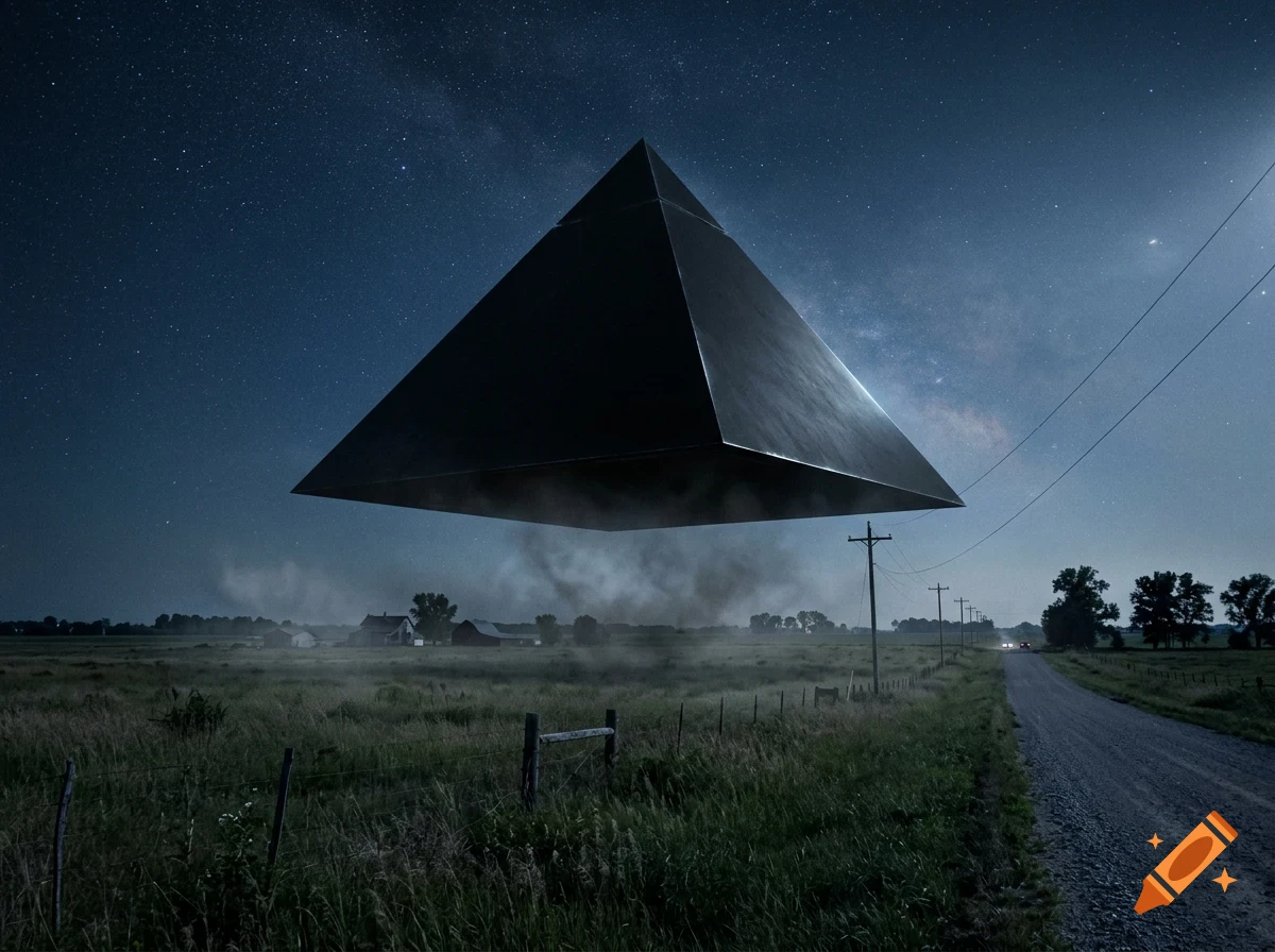 A massive black pyramid-shaped spacecraft hovers low over a rural landscape at night, with a dirt road, telephone poles, and a starry sky in the background.