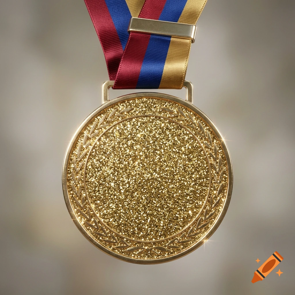 Close-up photorealistic shot of a shiny gold medal with a glittery texture, suspended by a red, blue, and gold ribbon.