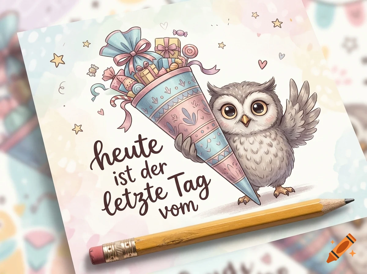An illustrated greeting card featuring an owl holding a decorated school cone filled with gifts and sweets, alongside German text.