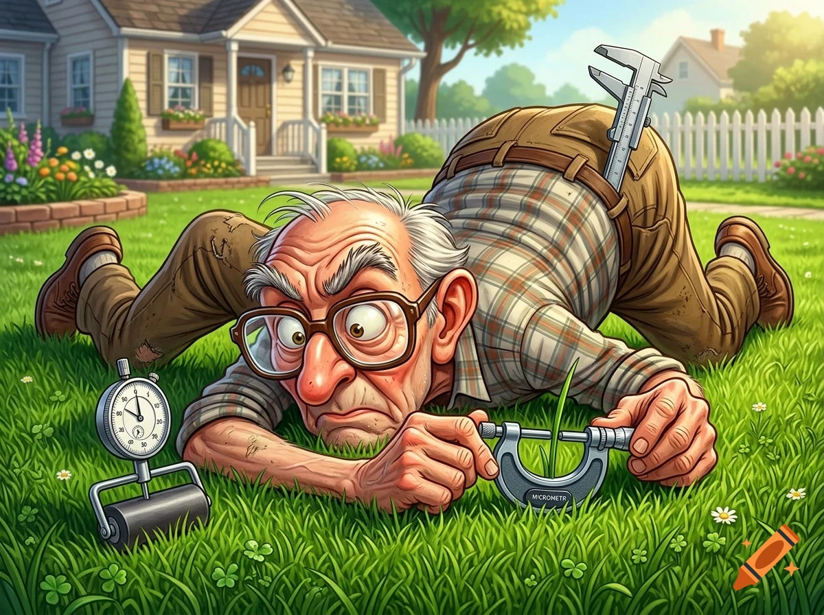An elderly man in glasses and a plaid shirt lies flat on his lawn, meticulously measuring a single blade of grass with a micrometer and caliper.