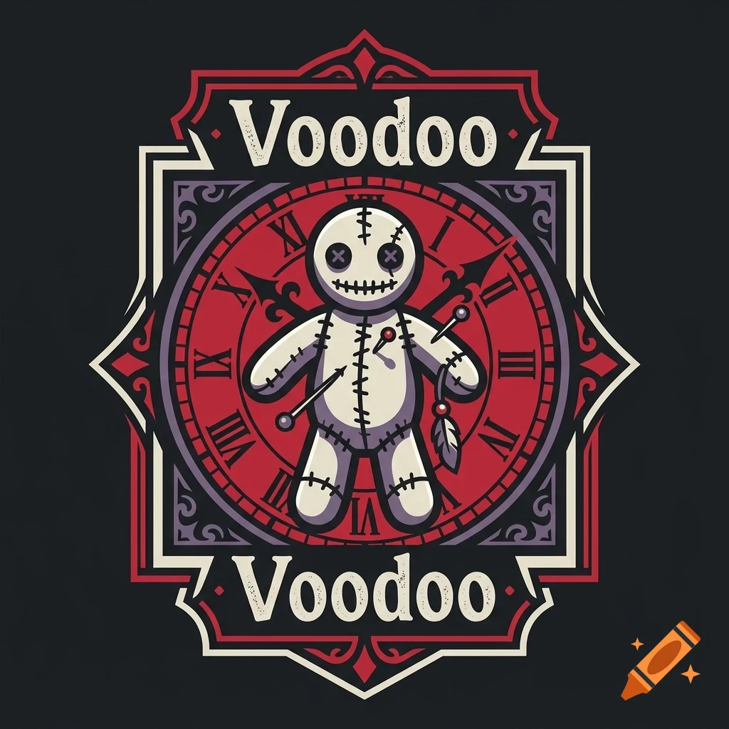 Illustration of a voodoo doll with pins in front of a red clock face, framed by ornate borders and the word Voodoo written above and below.