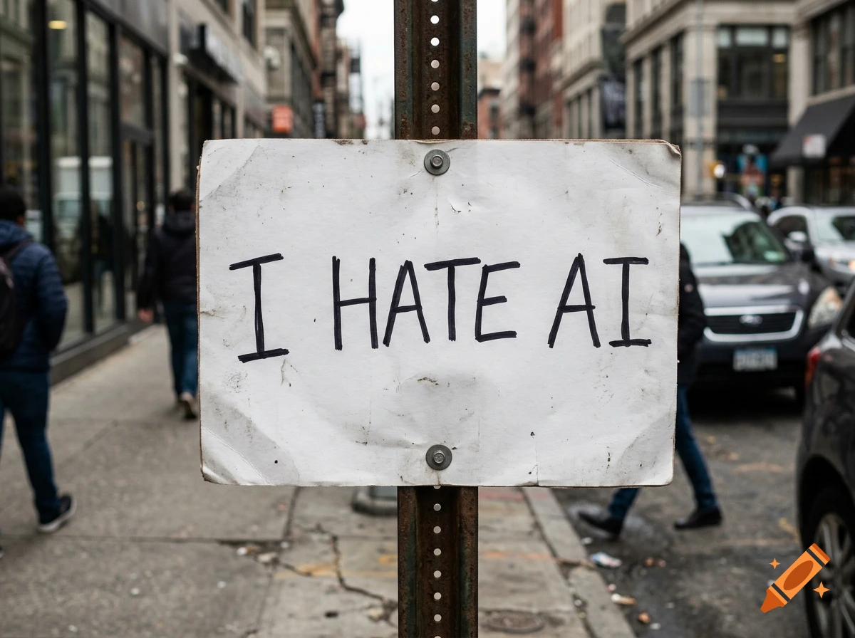 Close-up of a sign on a metal post in a city street that reads 'I HATE AI'.