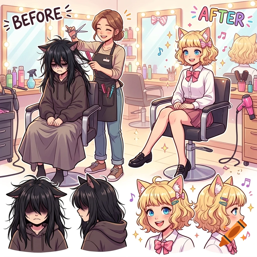Before and after illustration of a cat-eared character getting a haircut and makeover at a salon, showing the messy hair before and styled blonde hair after.