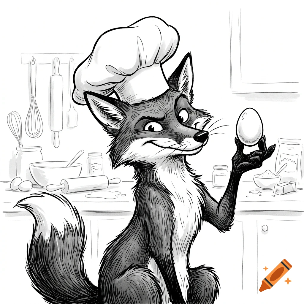 An illustrated fox wearing a chef's hat holds an egg in its paw inside a kitchen.