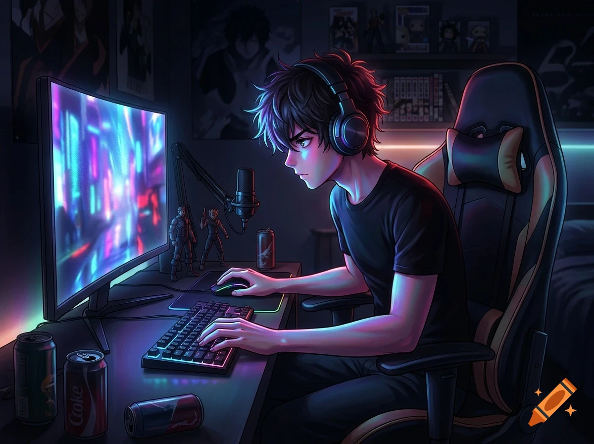 An anime-style young man wearing headphones sits at a gaming desk with a computer monitor, keyboard, mouse, and several soda cans in a dimly lit room.