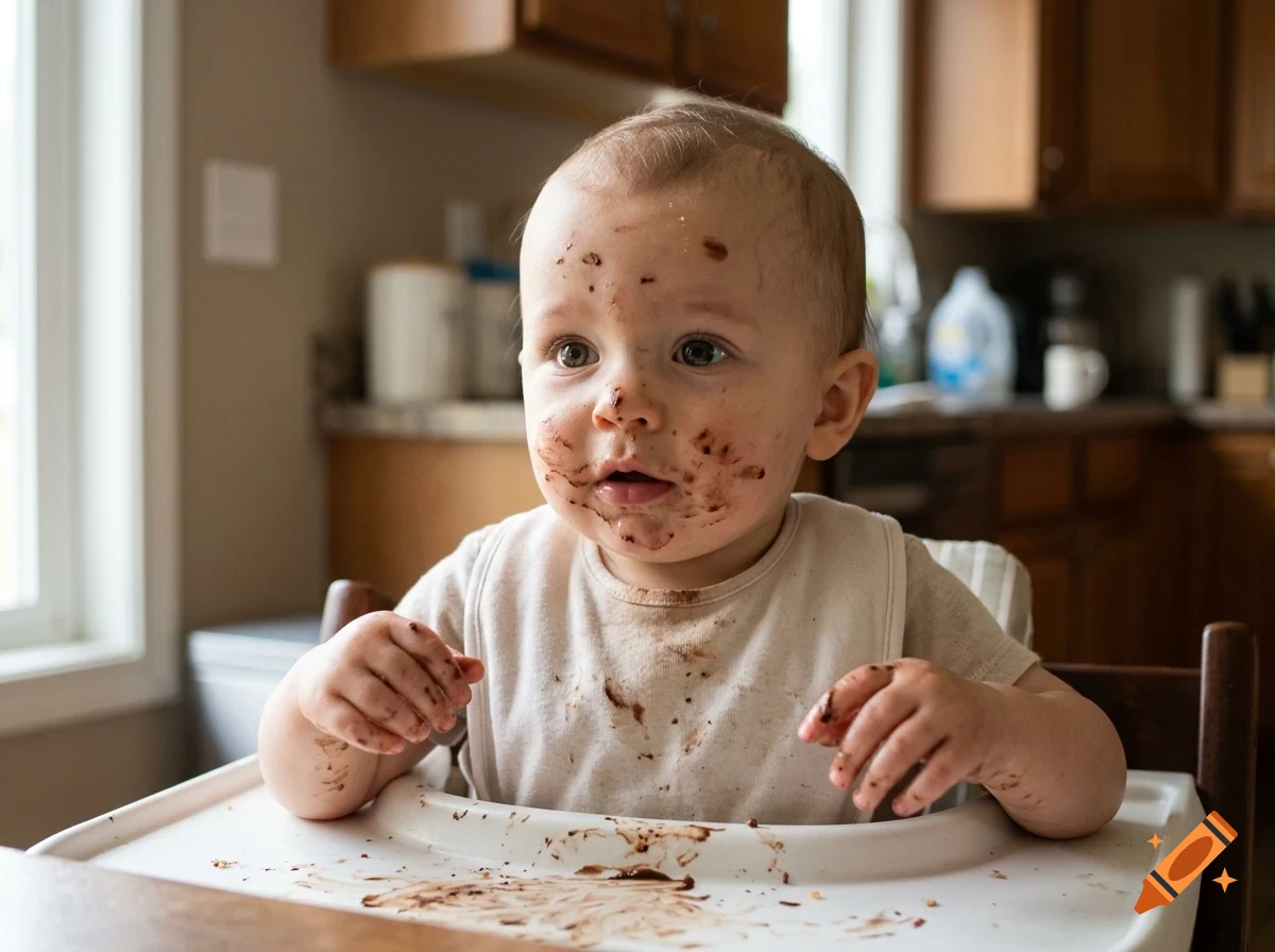 A toddler covered in chocolate sits in a high chair in a kitchen.