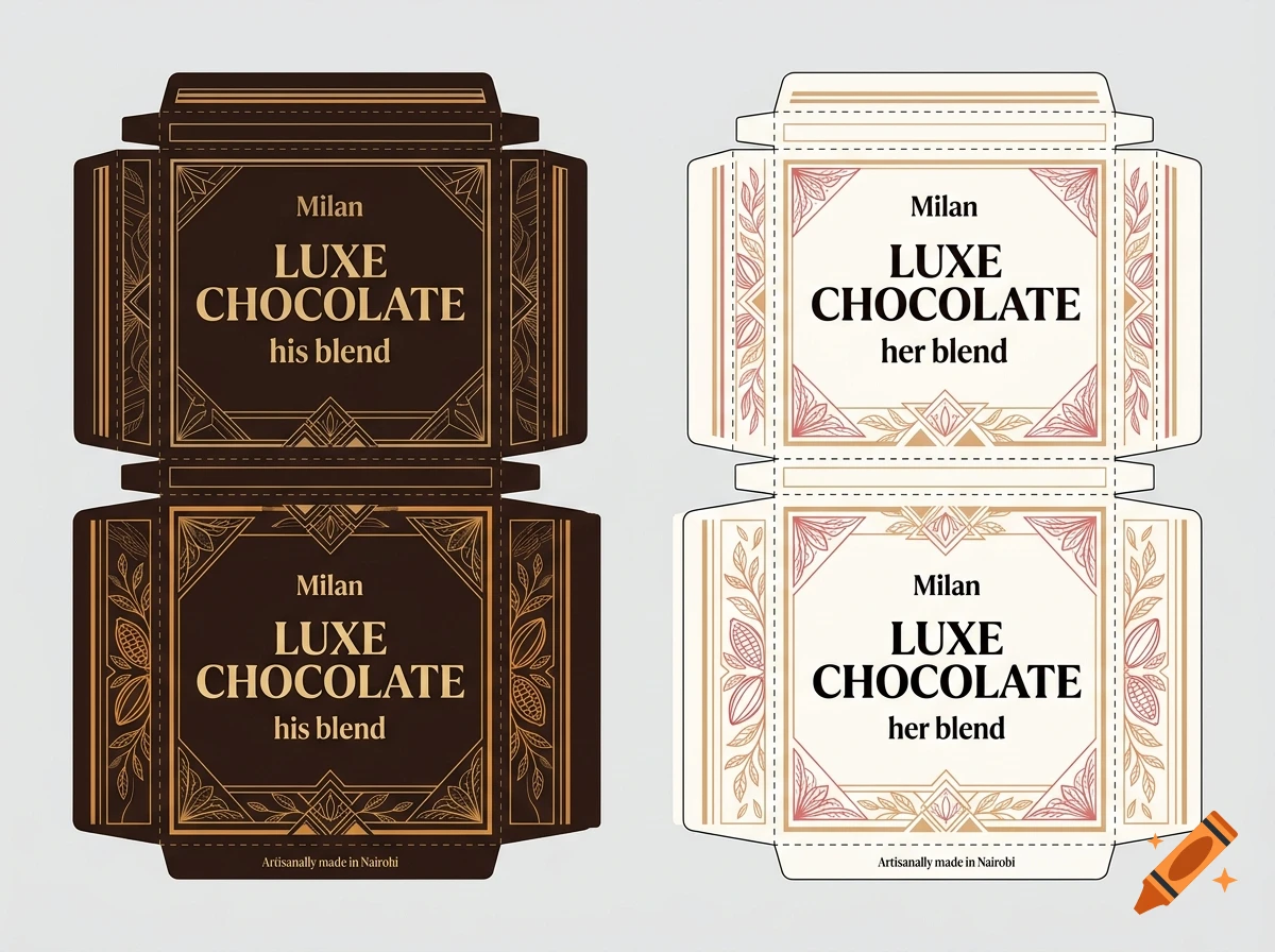 Vector template of two unfolded chocolate bar wrappers with art deco designs labeled Milan Luxe Chocolate.