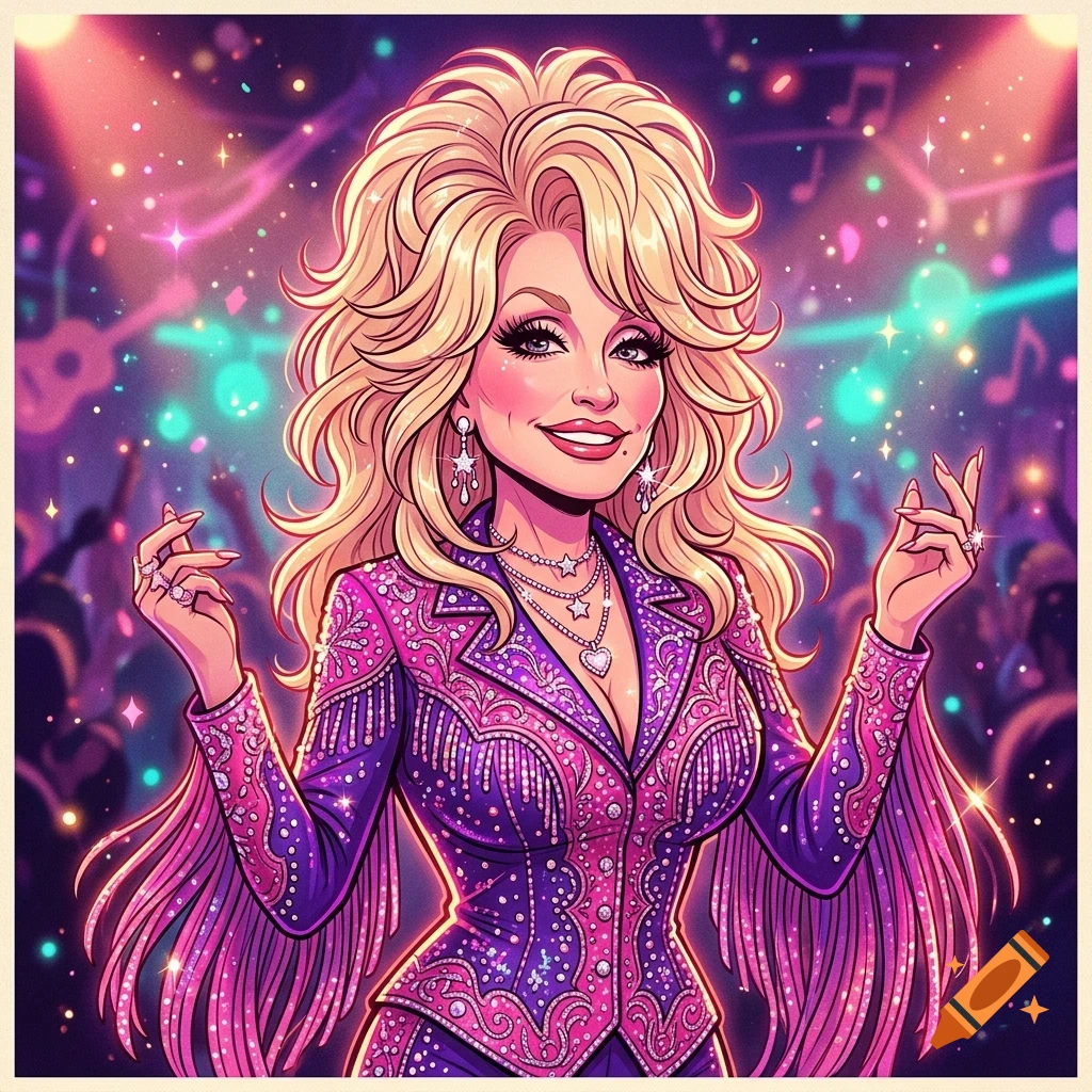 An illustrated portrait of a glamorous female performer with big blonde hair, wearing a sparkling purple and pink stage outfit in a concert setting.
