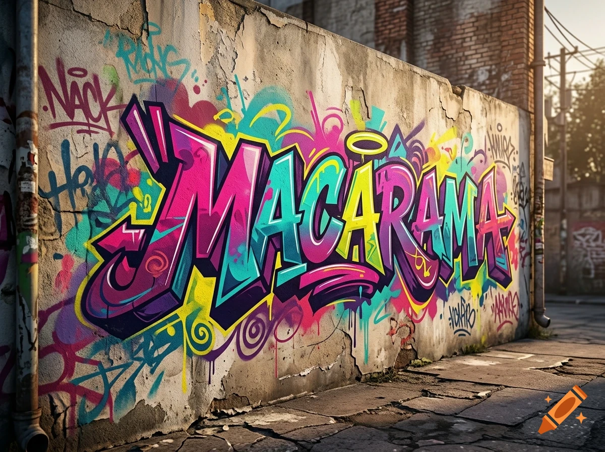 Colorful graffiti lettering spelling MACARAMA on an old urban concrete wall.