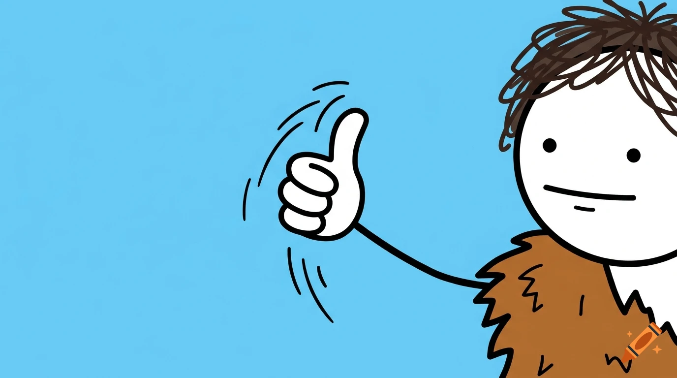 Cartoon illustration of a character giving a thumbs up gesture against a blue background.