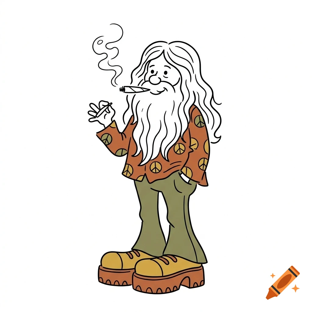 Cartoon illustration of a long-haired, bearded man wearing a peace-sign patterned shirt, smoking