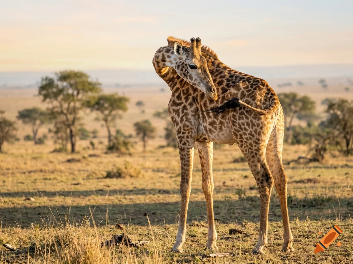 A giraffe standing in a grassland landscape, twisting its long neck back to groom its flank.
