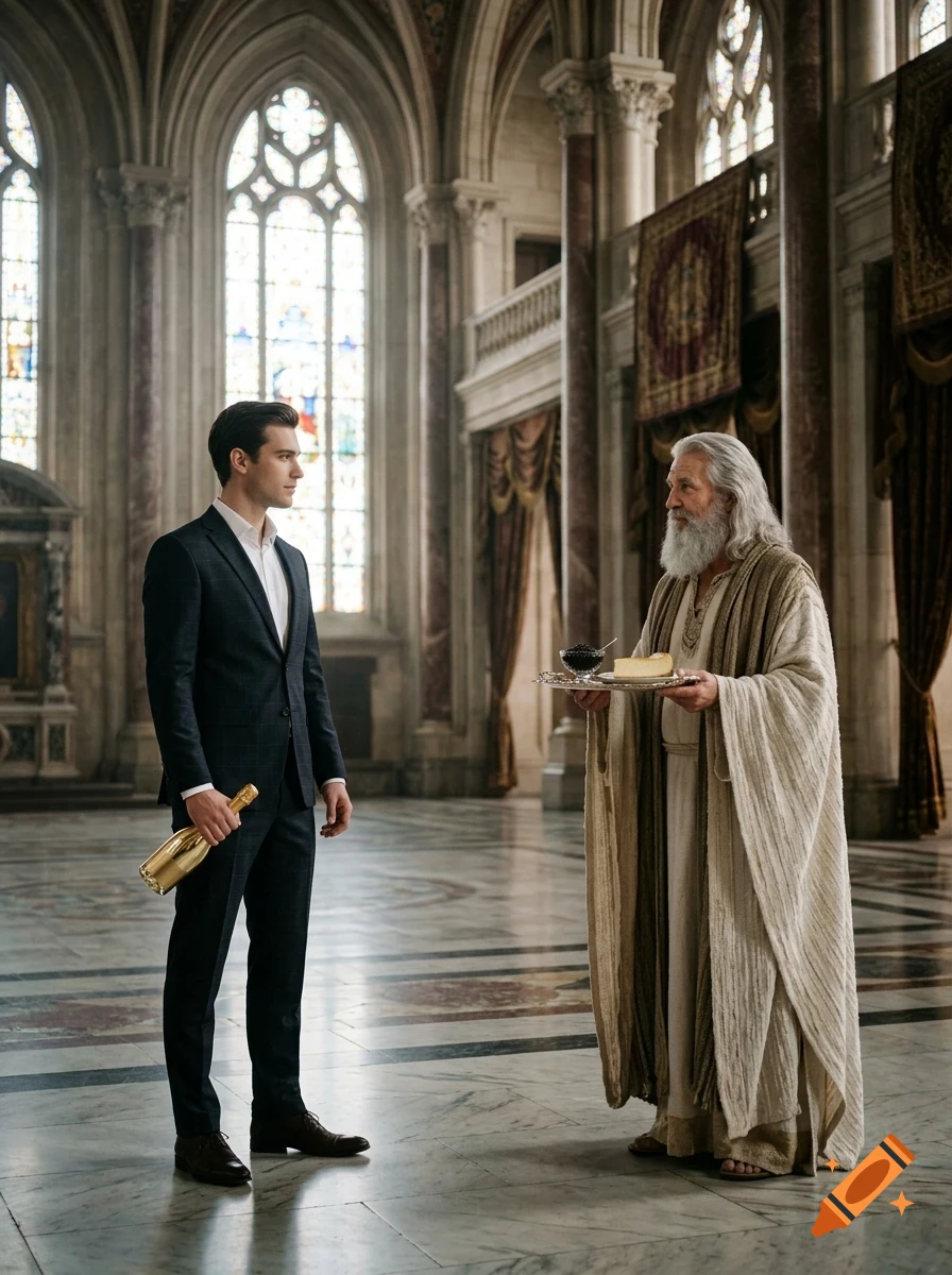 A young man in a modern suit holding a golden bottle stands opposite an older man with a white beard wearing traditional robes and holding a tray with cheese and caviar inside a grand hall with stained-glass windows.