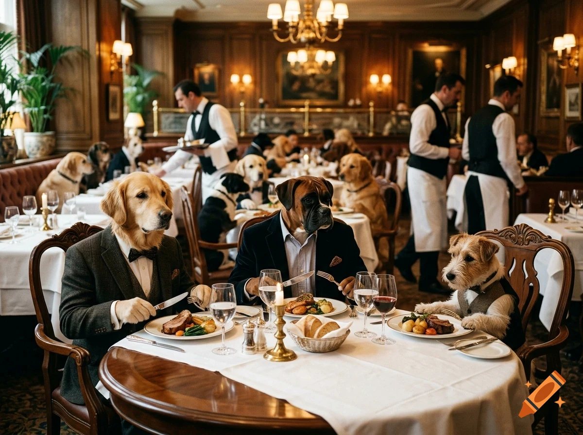 Dogs with human bodies sitting at tables in a fancy restaurant, with human waiters serving them.