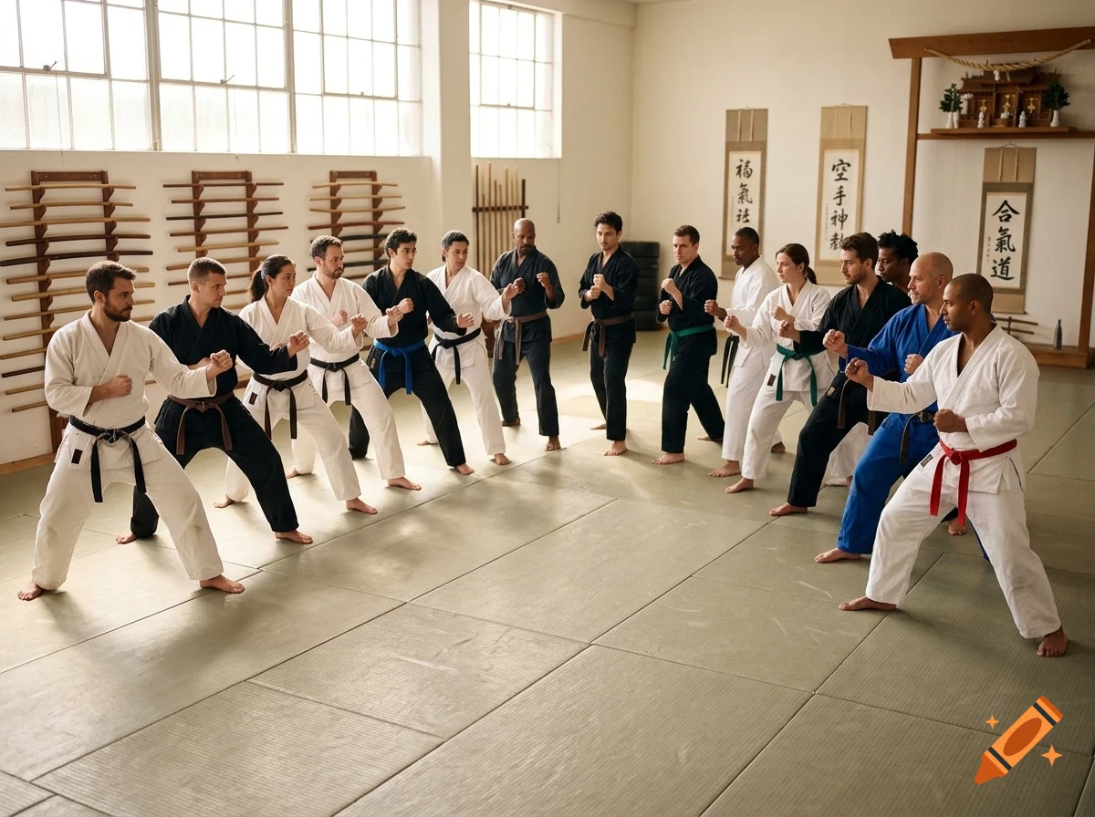 A large group of martial arts students in white, black, and colored gis practice sparring in a bright dojo with tatami mats.