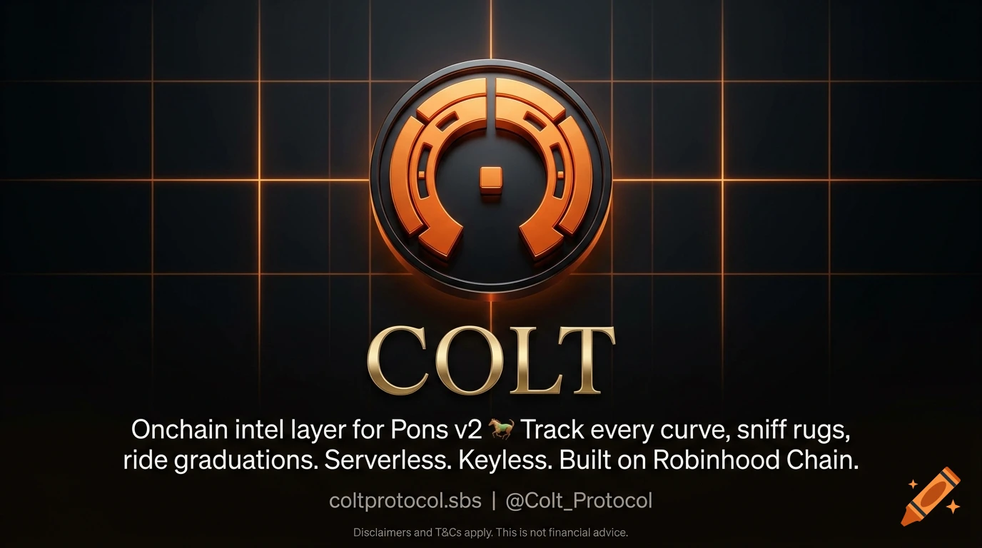 Dark luxury promotional banner with orange neon grid lines, a futuristic 3D circular logo, and gold metallic text reading COLT.