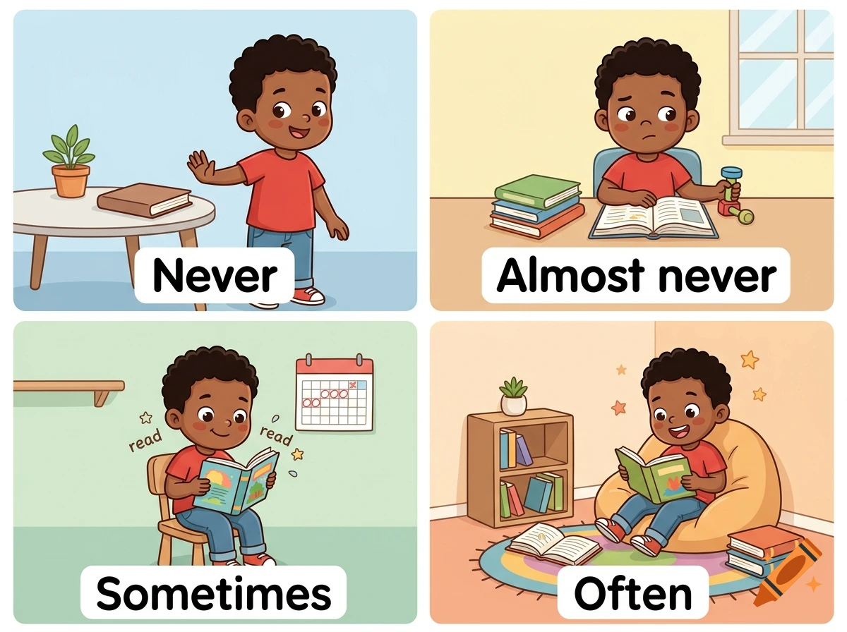 A four-panel educational illustration showing a young boy with varying reading habits labeled 'Never', 'Almost never', 'Sometimes', and 'Often'.