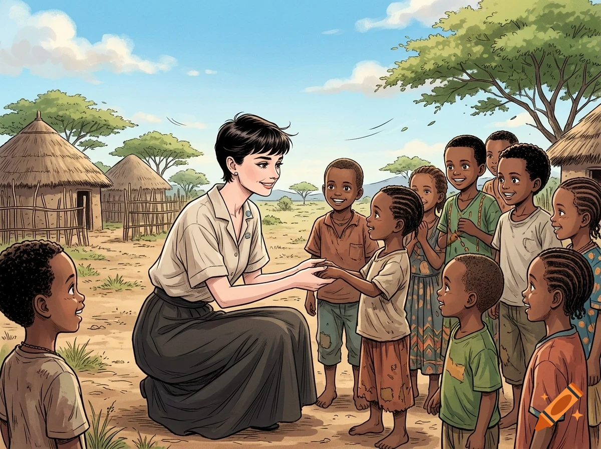 An illustration of a smiling woman kneeling in a village and holding hands with a child, surrounded by other children and traditional thatched-roof huts in an arid landscape.