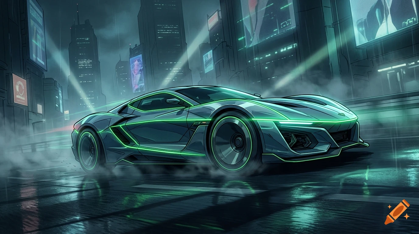 A sleek futuristic sports car with glowing green neon trim driving on a wet city street at night.