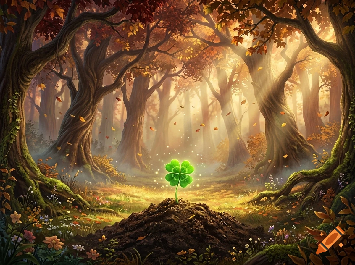 A glowing four-leaf clover growing out of a small mound of earth in a sunlit autumn forest.