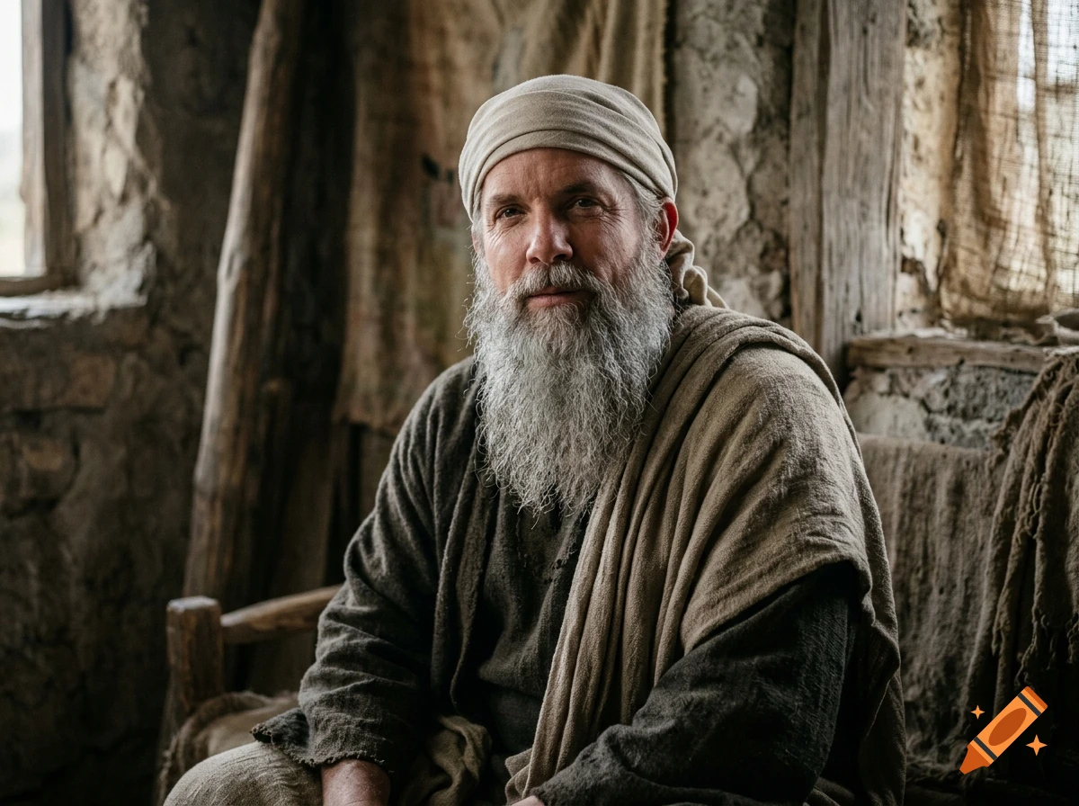 Photorealistic medium shot of a middle-aged man with a long grey beard and a head wrap, sitting in a rustic stone room.