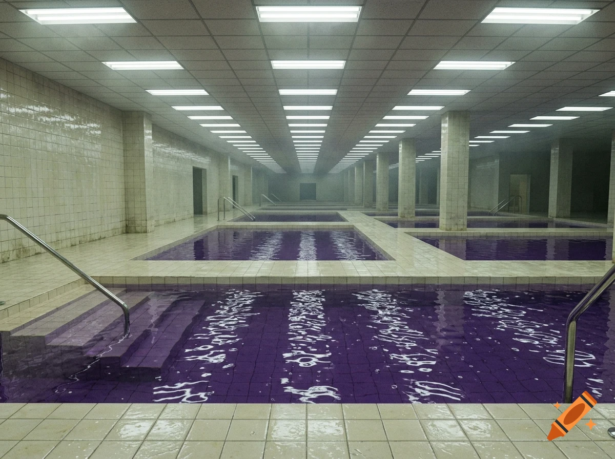 An expansive indoor public bathhouse with rows of tiled pools filled with purple water, columns, and a gridded fluorescent ceiling.