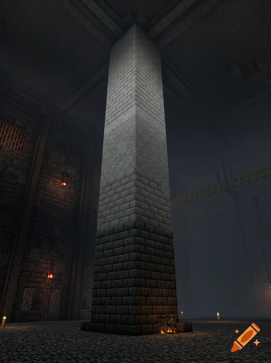 A large stone pillar rising from a dark, subterranean chamber with brick walls and low-lit torches.