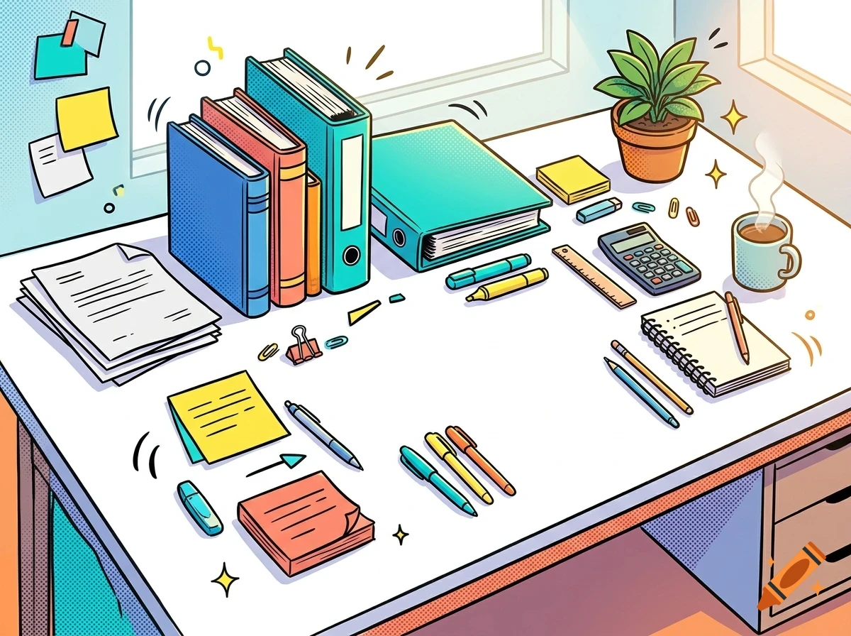 An illustrated study desk with books, a notebook, stationery, a potted plant, and a steaming mug of coffee.