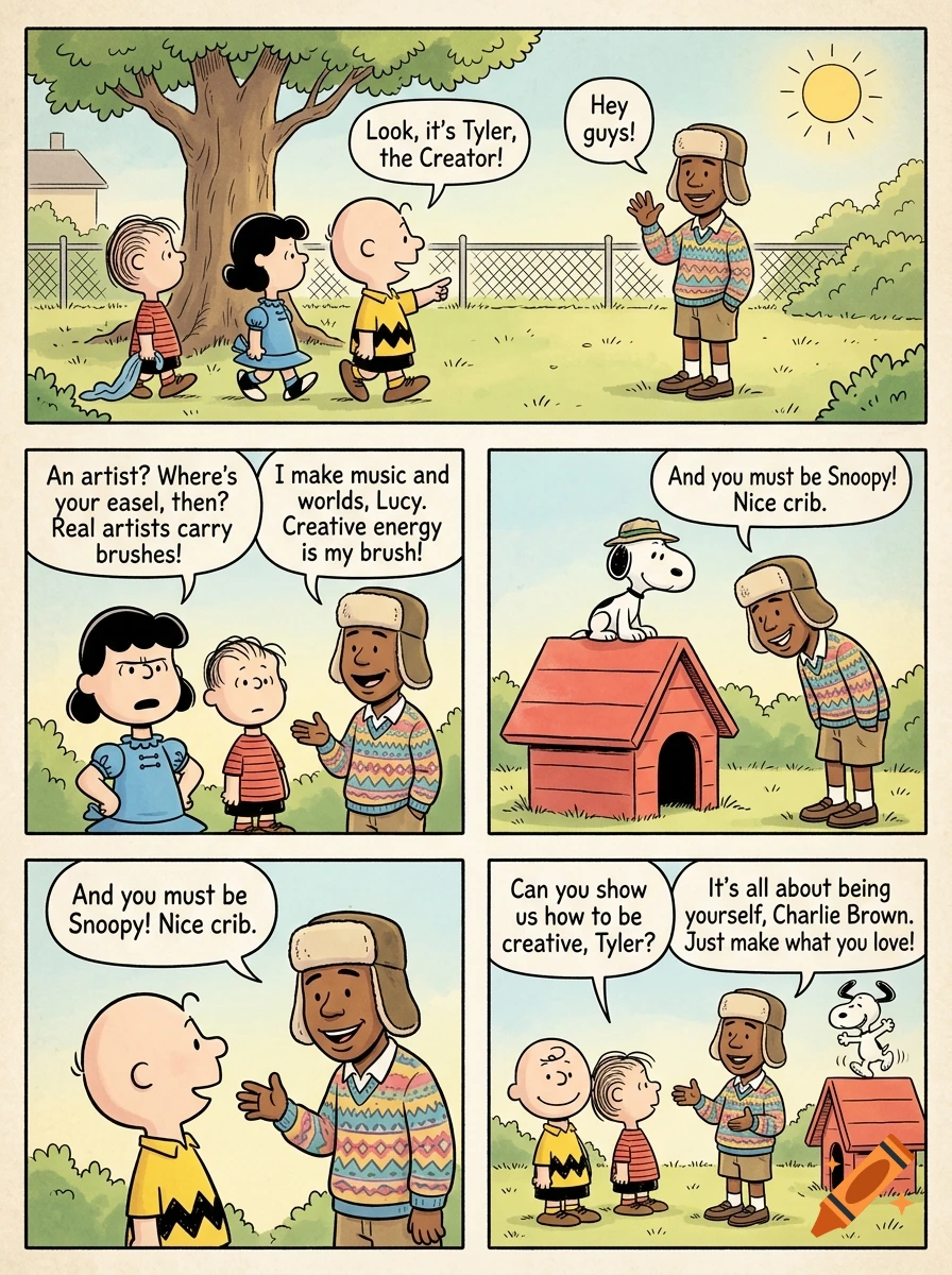 Peanuts comic strip style illustration where Charlie Brown and friends meet Tyler the Creator in a neighborhood.