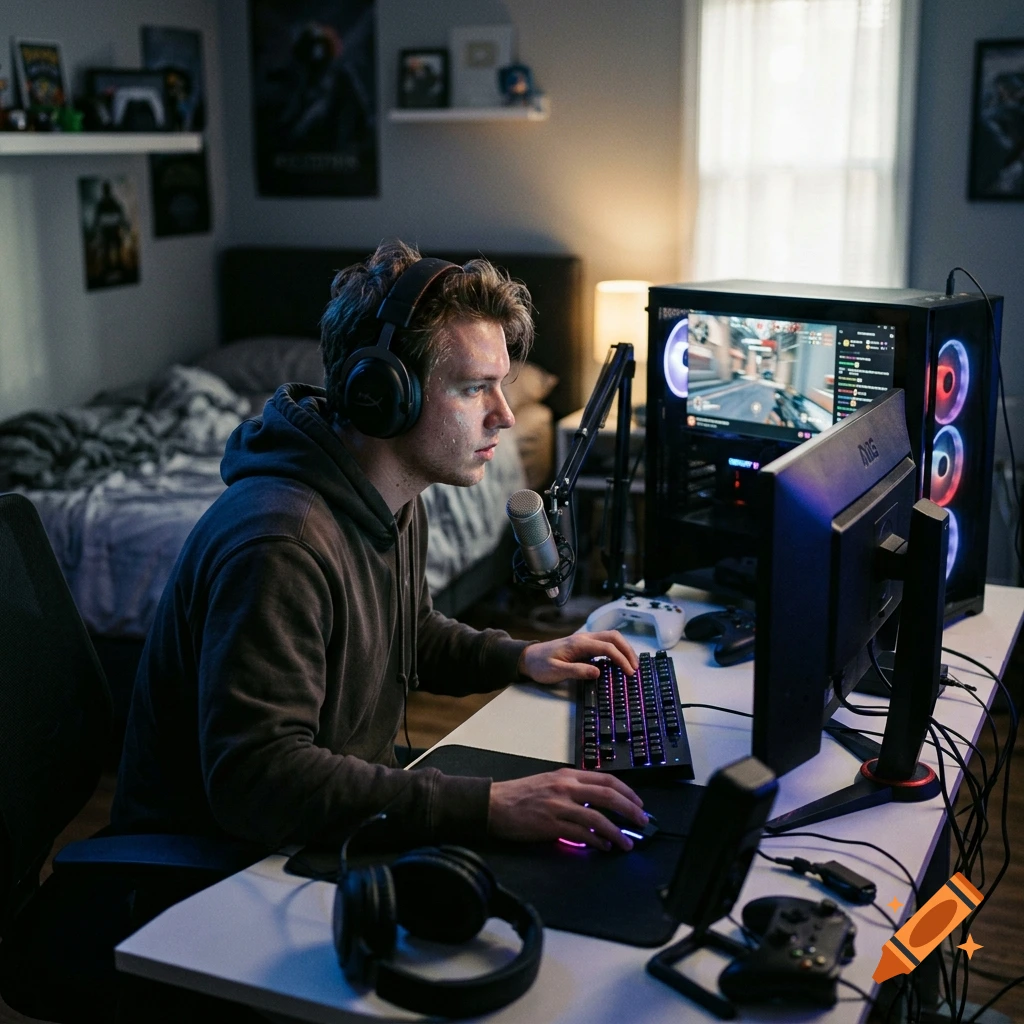 A young male gamer wearing headphones sits at a desk with a glowing computer monitor and multiple peripherals in a bedroom.