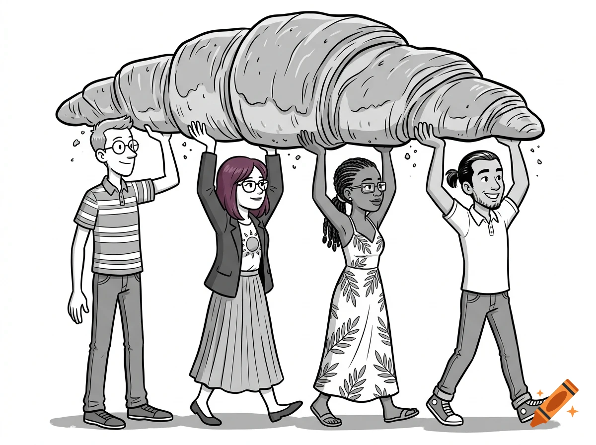 A black and white illustration of four diverse people carrying a giant croissant above their heads.